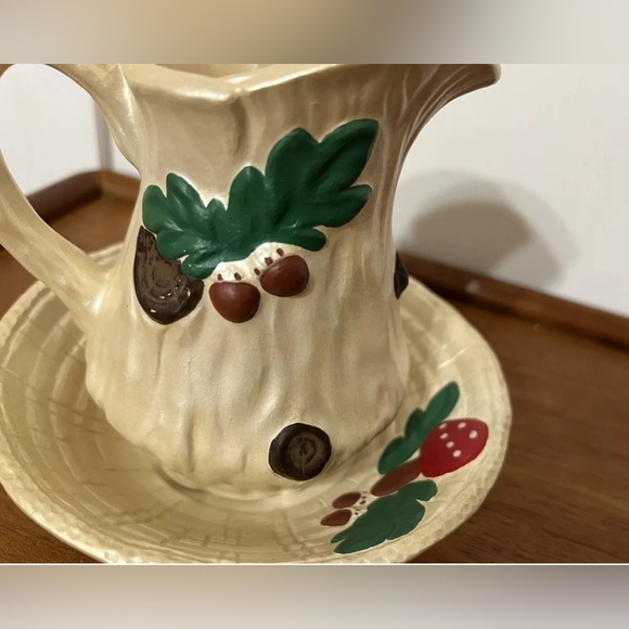 Vtg Pitcher With Bowl Ceramic Mushroom Log Stump Acorn Oak Leaves witchy cottage - Picture 4 of 16
